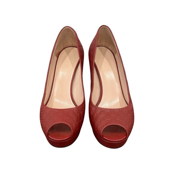 Gucci Guccissima Leather GG Pumps Peep Toe Platform Size 37 EU 7 US Burgundy - Picture 4 of 12